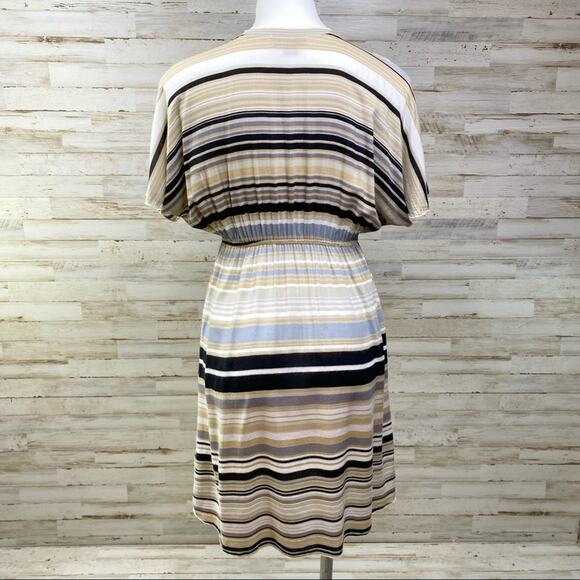 Hale Bob Silk Blend Faux Wrap Dress Womens Size S Tan Black Striped - Picture 7 of 13